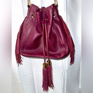 GILI Women's Got It Love It Genuine Leather Hobo Bag Draw String Fringe